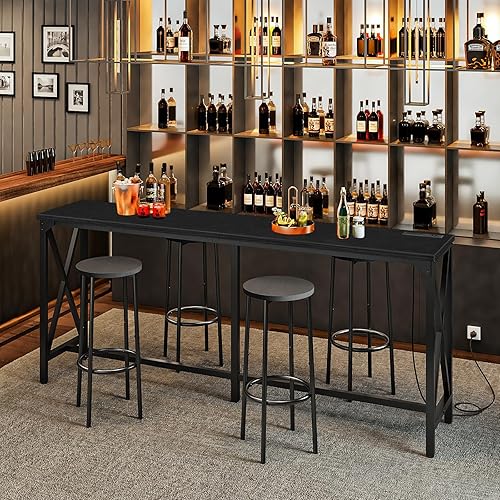 Miniatura 3 de Mesa de bar de 70.9 pulgadas, mesa de comedor de cocina con toma de corriente y reposapiés, estilo industrial, para pub, sala de estar, negro