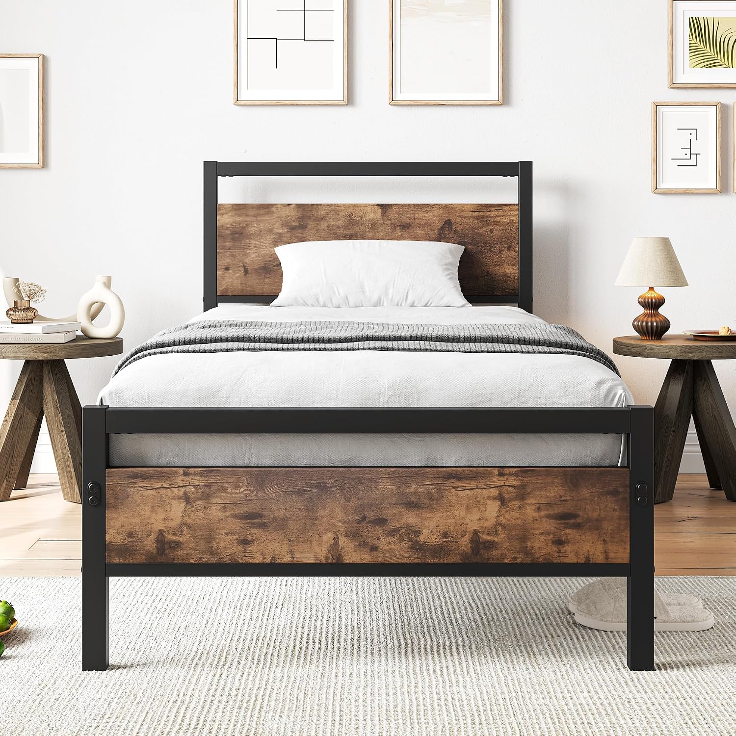 Bed 90 x 200 cm Metal Wood Metal Bed Frame Single Bed Frame Youth Bed 90 x 200 cm with Slatted Frame Metal Bed Frame Brown and Black