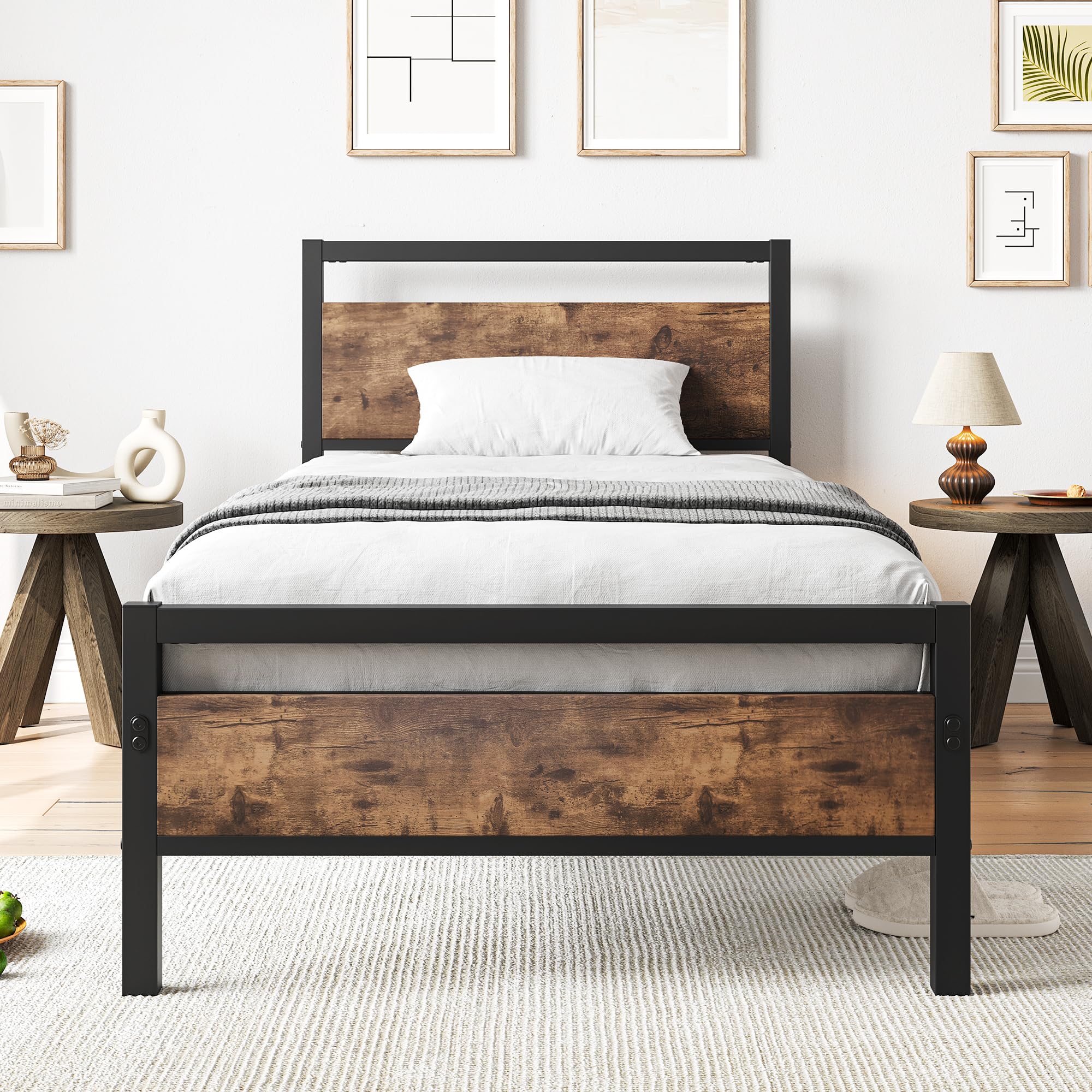 Bett 90x200 Bettrahmen aus Metall Holz Metallbett Einzelbetten Bettgestell Jugendbett 90x200 mit Lattenrost,Metall Bed Frame Braun und Schwarz