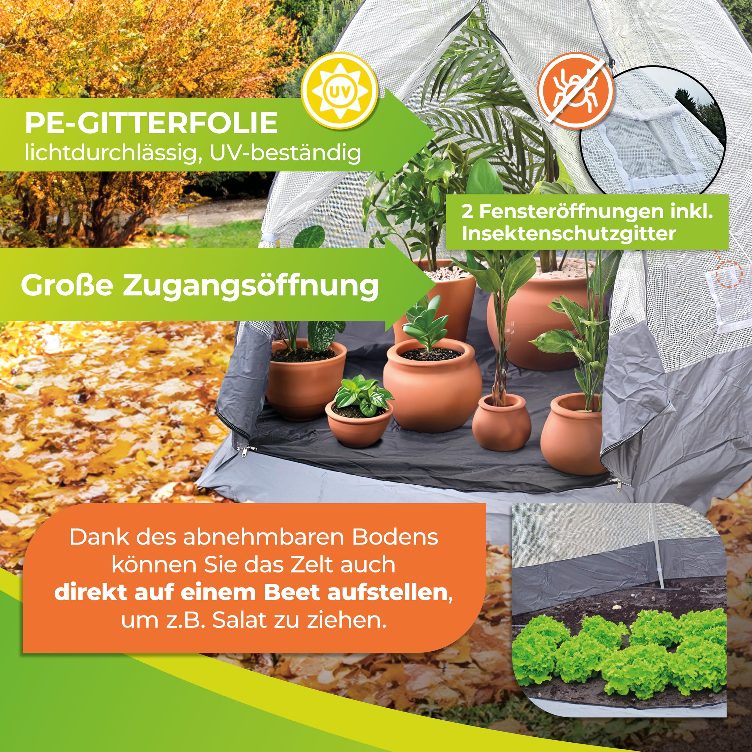 BioGreen Überwinterungszelt/Foliengewächshaus Tropical Island XL | lichtdurchlässige PE-Gitterfolie | stabiles Rahmengestell | H 280 x Ø 340 cm