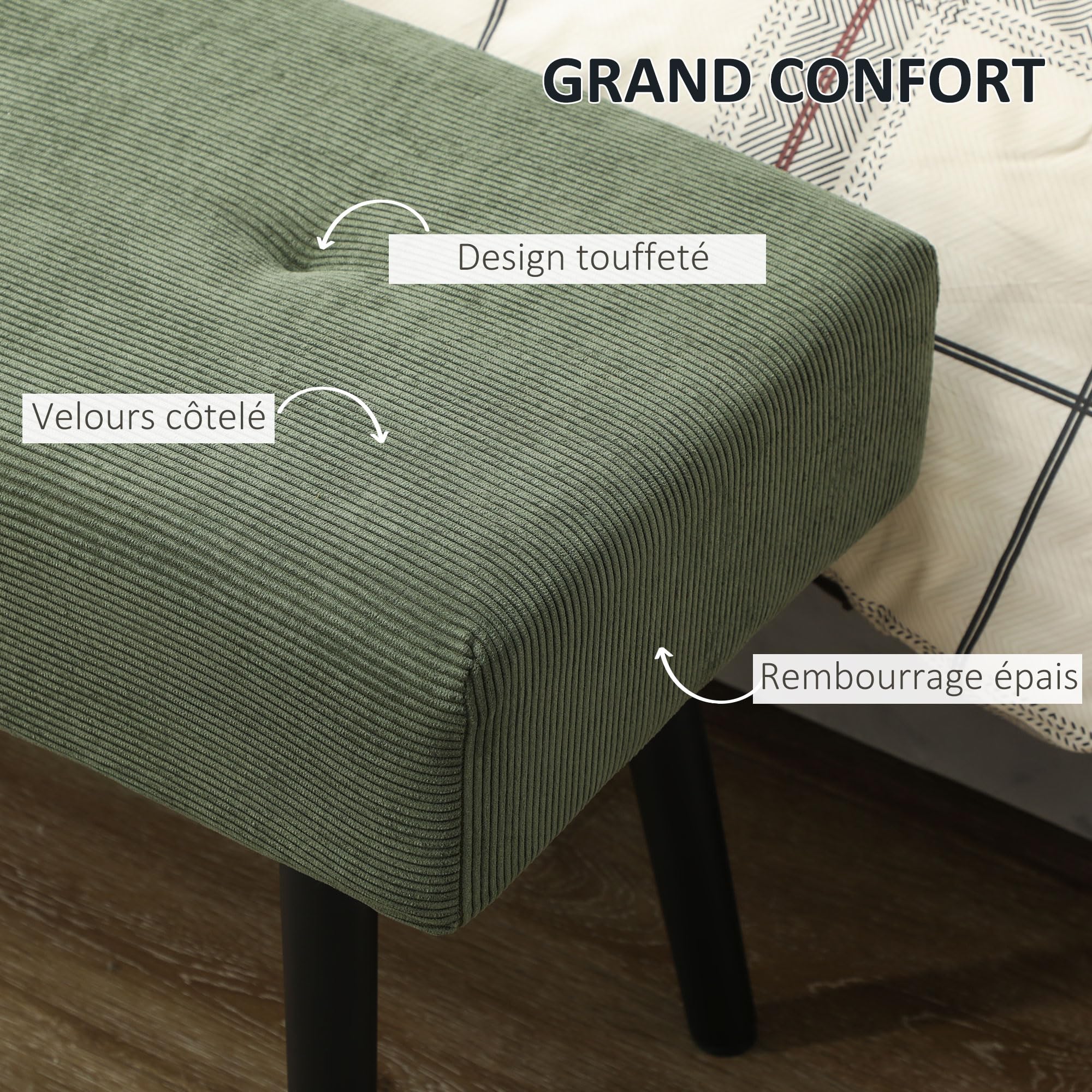 HOMCOM Banc Banquette Moderne Bout de Lit Rembourré 100 x 36 x 45 cm Vert | Velours Côtelé, Pieds en Acier Noir, Idéal pour Entrée Salon Chambre, Charge 220 Kg