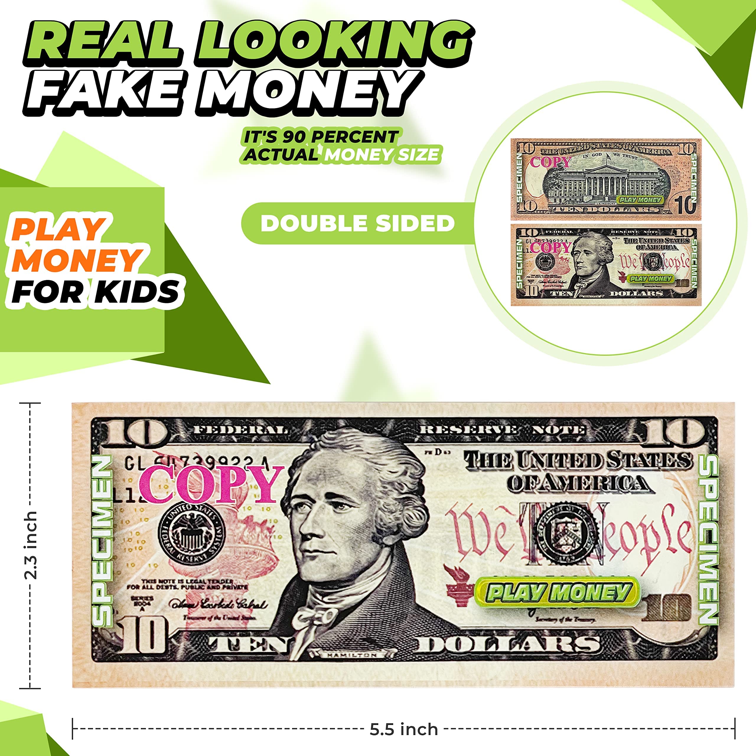 KIDSTHRILL Toy Money for Kids That Looks Real. Double Sided 12 of Each