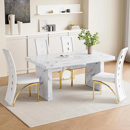 Miniatura 15 de Juego de mesa de comedor moderno para 6, juego de mesa de comedor blanco de 63 pulgadas para 6, tablero de mesa de cocina MDF con patrón de mármol y