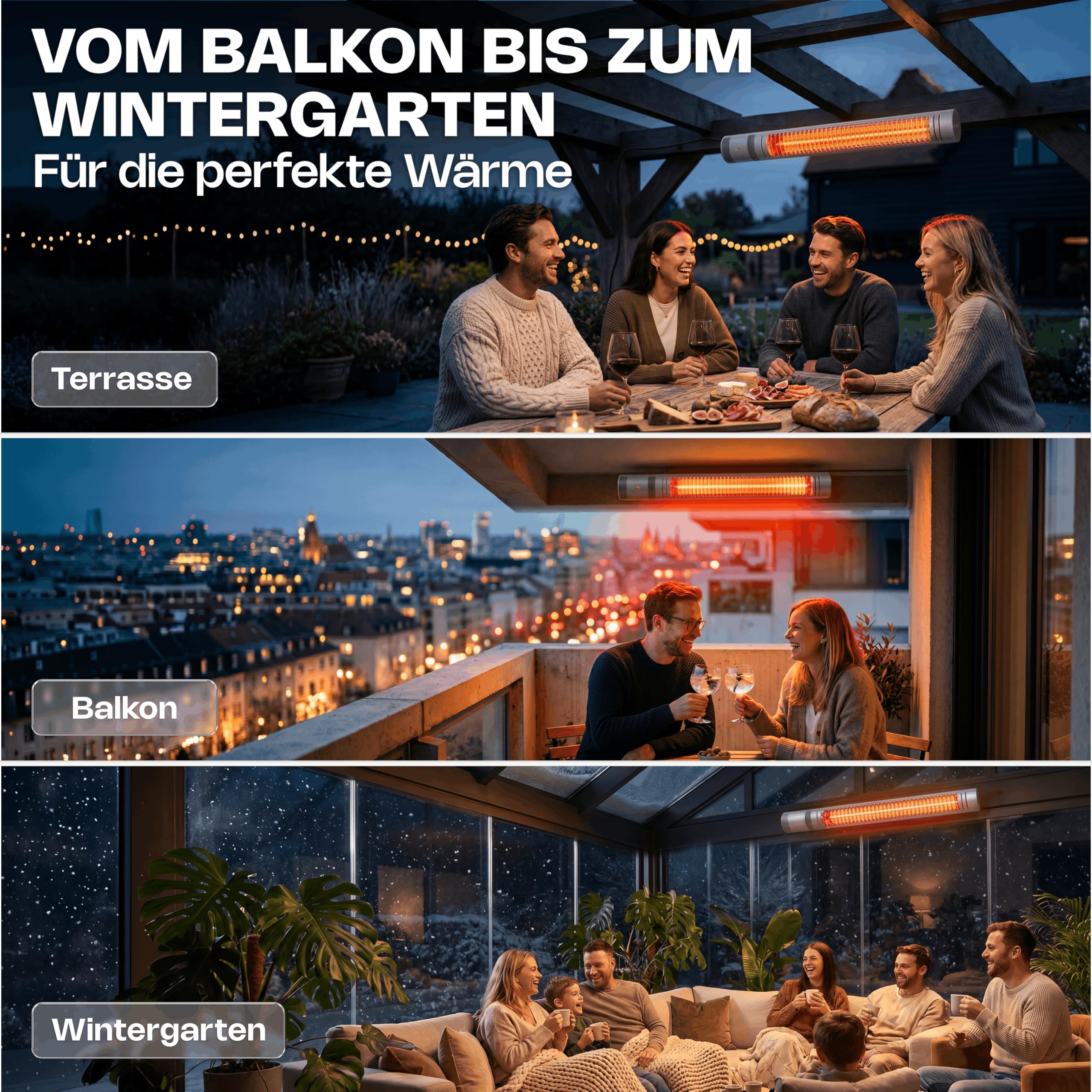 VASNER SlimLine X20 Infrarot Heizstrahler Outdoor – Terrassenstrahler 2000W elektrisch – Decken Heizstrahler Terrasse Wandmontage – Infrarotstrahler Wintergarten hängend mit Fernbedienung (Silber)