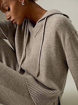 LilySilk Wool Cashmere Blend Hoodie Sweater for Womens V Neck