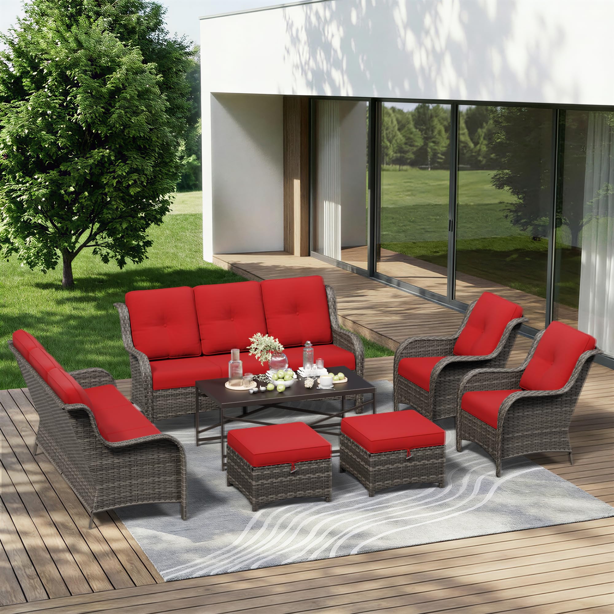 7 Piece Outdoor Wicker Patio Furniture Set, Patio Chairs Set with Thickened Olefin Cushions, High Back and Deep Seating, Hand-Woven PE Rattan, Ottoman for Porch, Deck