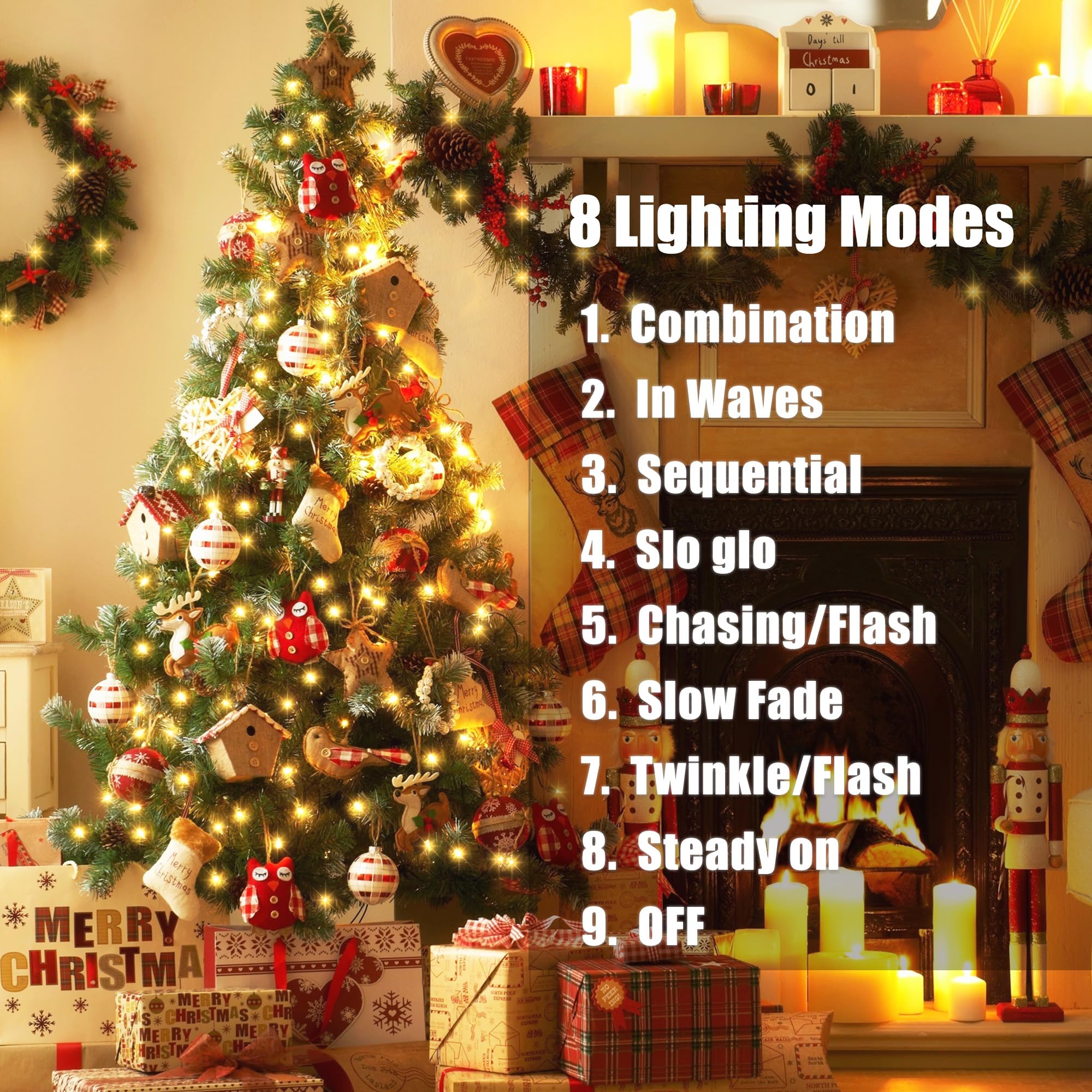 Batteriebetriebene Weihnachtslichter – 4 Stück, insgesamt 20 m, 200 LEDs, warmweiße Weihnachtslichter mit Timer, 8 Modi, wasserdicht, funkelnde Lichter für drinnen und draußen, Weihnachtsbaumkranz