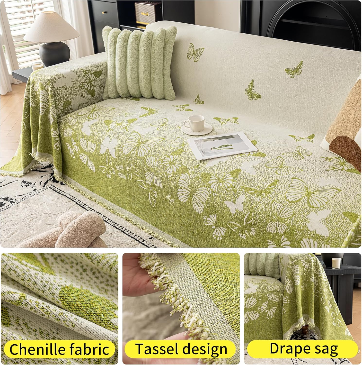 Couch Cover Blanket Reversible for Spring, Chenille Sofa Covers with Butterfly Pattern and Tassel,Loveseat Covers for Living Room,Office