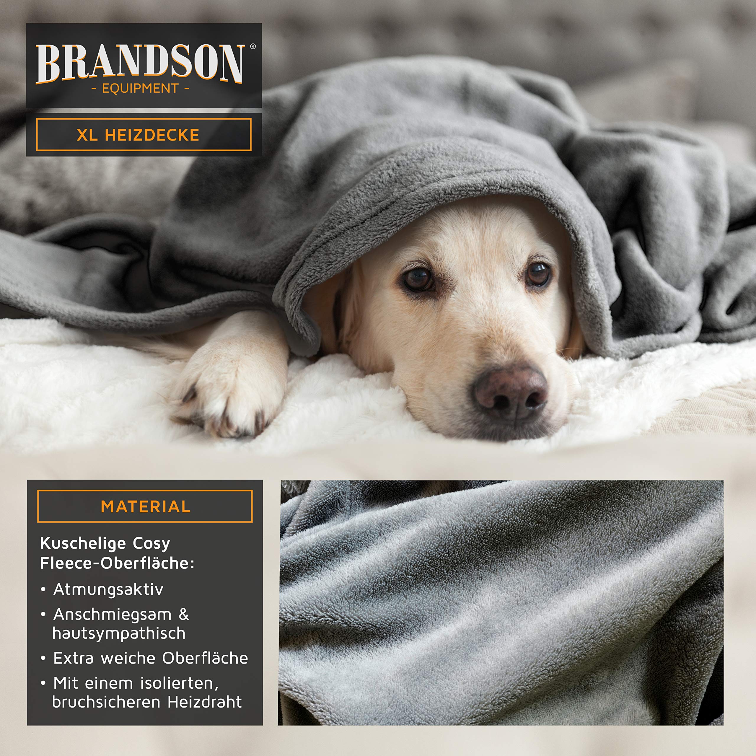 Brandson - Heizdecke mit Abschaltautomatik - XXL 180x130cm – Überhitzungsschutz - Turbo Heat - 120 Watt - Digitale Steuereinheit mit Anzeige der Heizstufe - Kuscheldecke Wärmedecke