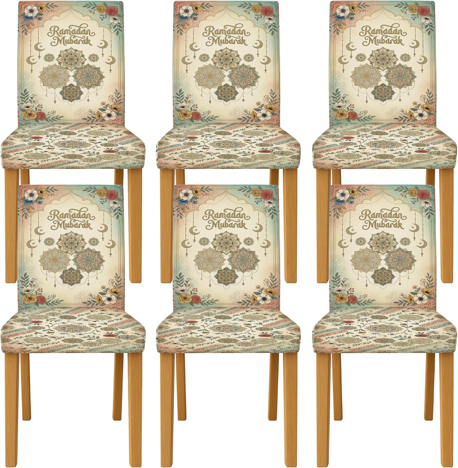 Floral Chair Covers for Dining Chairs, Festive Traditional Geometric Moon Ramadan Beige Spandex Washable Accents Soft Chair Slipcovers Decor for Kitchen Living Room Party 6pcs