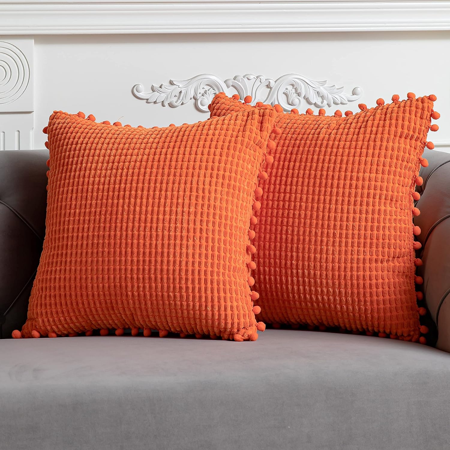DEZENE 20x20 Inch Decorative Throw Pillow Covers - 2 Pack Soft Corduroy Corn Striped Pom-poms Corduroy Corn Striped Square Pillow Cases for Bedroom Sofa Couch Living Room, Orange