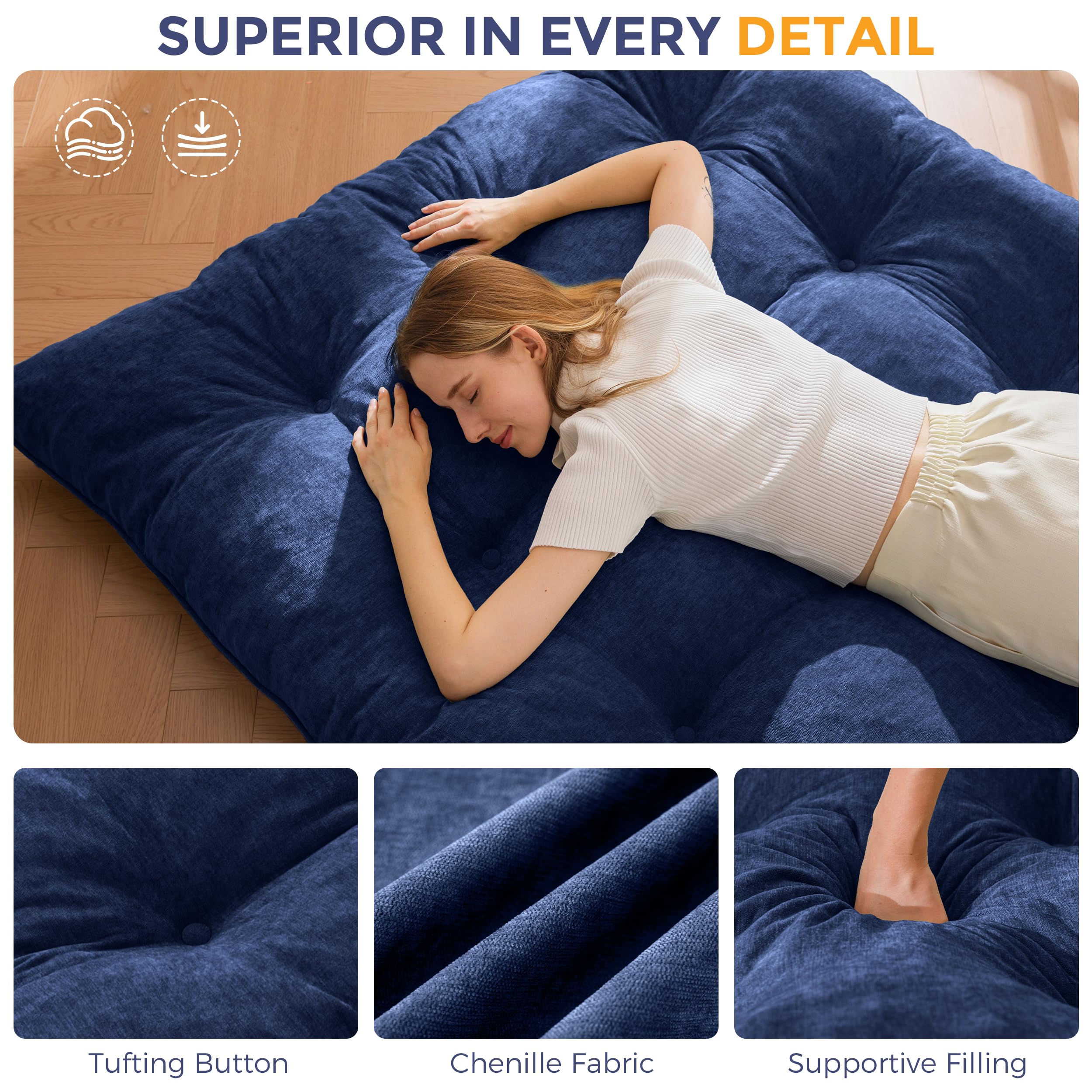 MAXYOYO Matelas Futon 2 Places Épais 15CM Garnissage en Mousse Déchiquetée, Tissu Chenille avec Boutonné Design, Enroulable Matelas de Sol/Futon Pliable Pratique (Cadre Non Inclus)