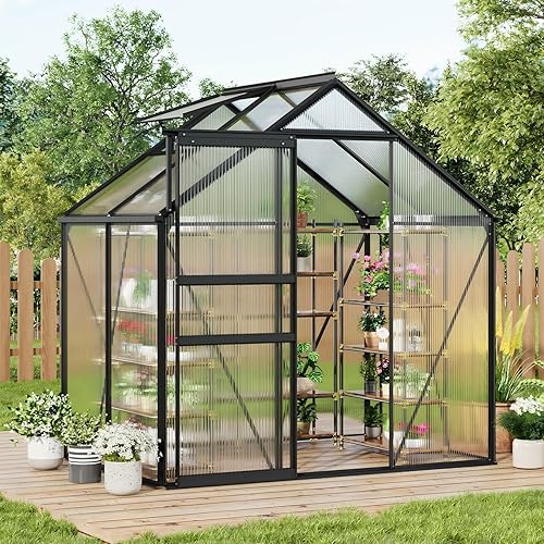 GarveeHome 6x4FT Greenhouse, Small Walk-in Polycarbonate Greenhouse with Adjustable Vent Window, Sliding Door, Portable Green House Kit for Outdoors, Winter