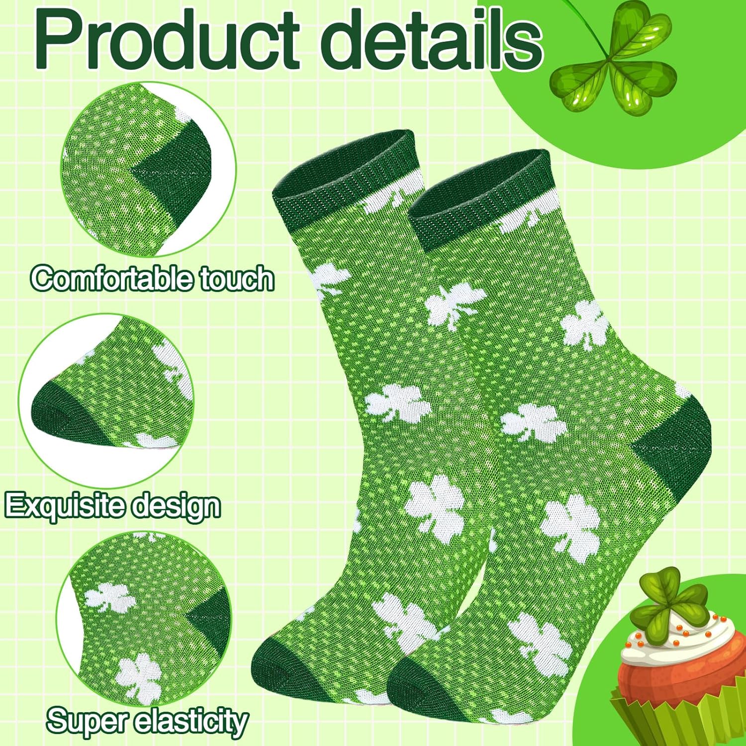 12 Pairs St. Patrick's Day Socks Fun Shamrock Clover Irish Black Green Novelty Crew Dress Socks St. Patricks Day Party Gift for Womens Men - Image 4