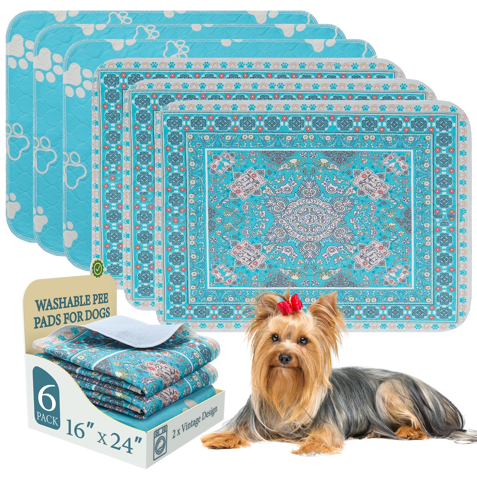 Homimp Washable Pee Pads for Dogs, 6 Pack Reusable Puppy Pads Waterproof, Absorbent and Leakproof Dog Pee Pads, Non Slip Puppy Training Pads, Pet Mat for Floor,Crate,Couch,Whelping,Blue, 16"x24"