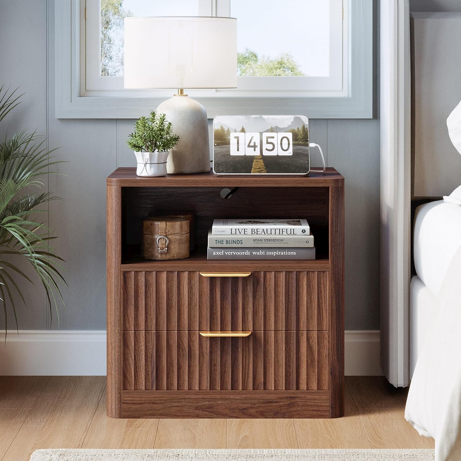 IRONCK Fluted Night Stand Set of 2, Modern Nightstand with Charging Station, Drawers and Open Shelves - Bedside Table Wood Side Table Set for Bedroom (Walnut)