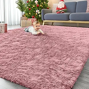 OLANLY 9x12 Machine Washable Large Area Rugs for Living Room, Bedroom, Soft Fluffy Shaggy Bedside Rug, Indoor Floor Carpet for Kids Girls and Boys, Dorms, Nursery, Home Decor Aesthetic, Pale Pink