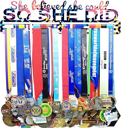 Miniatura 66 de Soporte de medallas deportivas para colgar medallas, estante de pared de 16 pulgadas de largo, premios, cinta, animación, gimnasia, fútbol, softbol