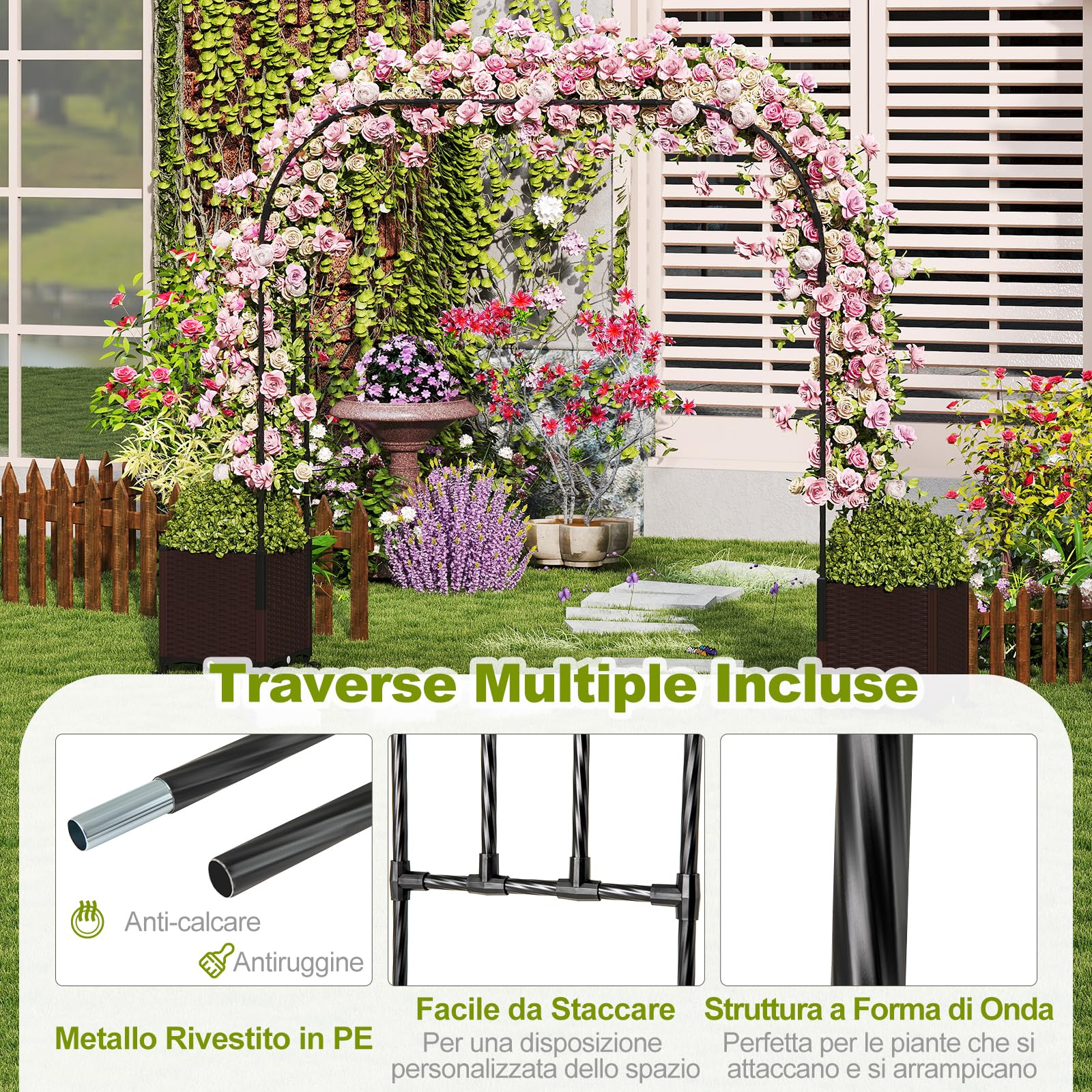 RELAX4LIFE 2M Traliccio ad Arco, Pergola ad Arco in Metallo con Casse di Fiori su Ruote, Tubi in Metallo Rivestiti in PE, Sistema di Auto-irrigazione per Piante Rampicanti, per Cortile, Matrimonio