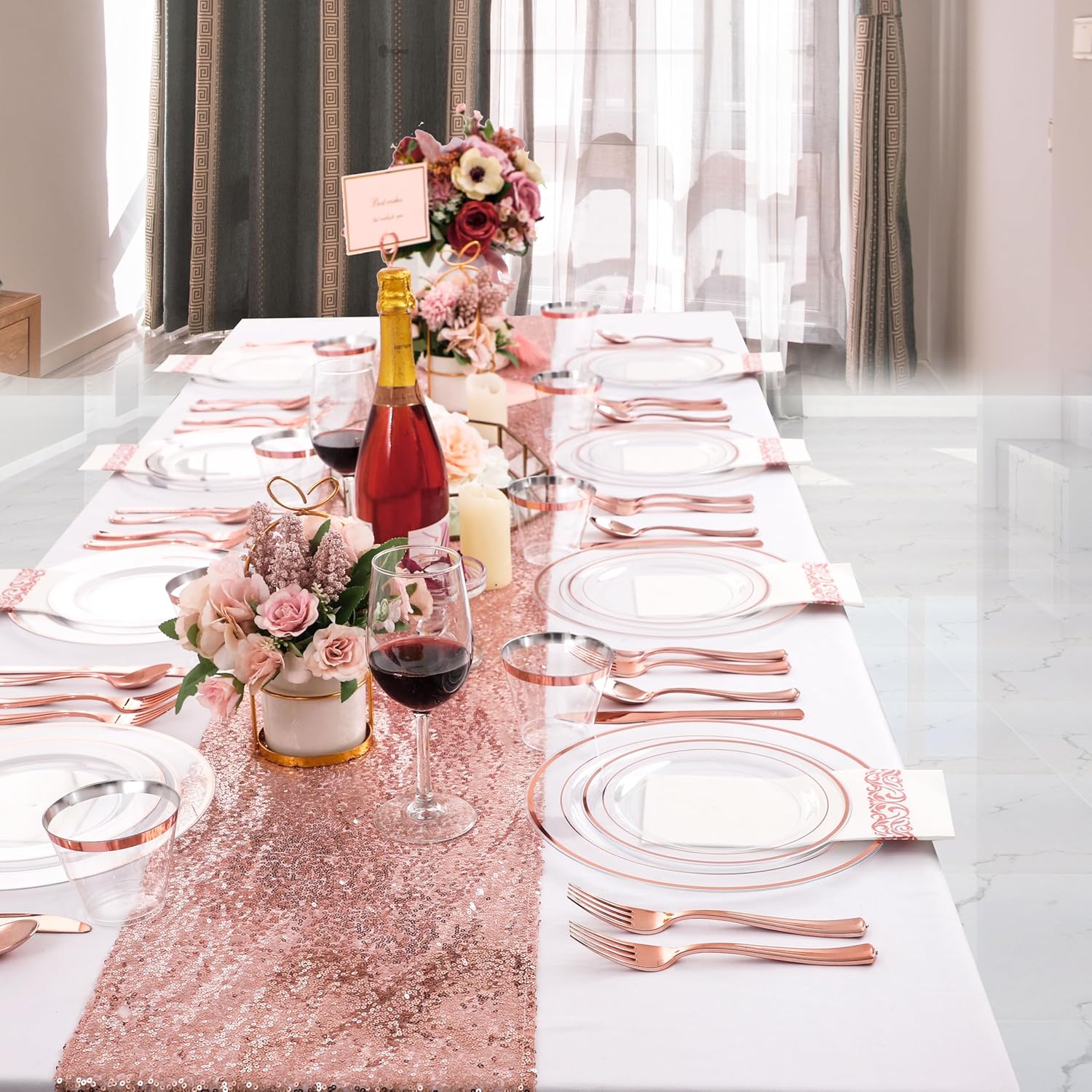 DaYammi 350Pcs Rose Gold Dinnerware Set Include: 50 Dinner Plates 10.25’’,50 Dessert Plates 7.5’’,50 Rose Gold Cutlery,50 Disposable Cups 9 OZ with 50 Napkins for Party - Image 3