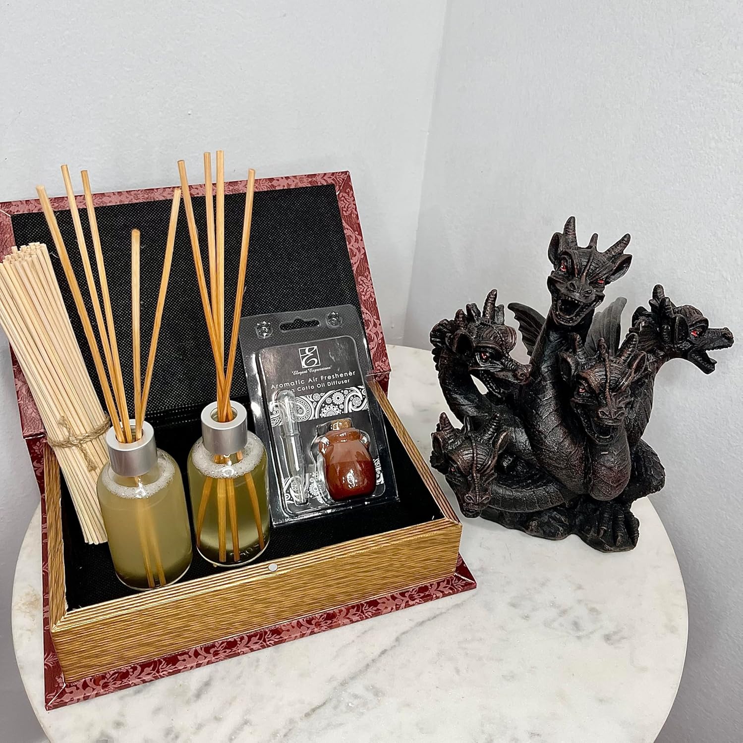Hosley Cinnamon Roll Reed Diffuser Oil Gift Set in Red Storage Book Box with Resin Wolf Incense Cone Holder. Ideal Gift for Wedding Spa Reiki Meditation Bathroom Settings