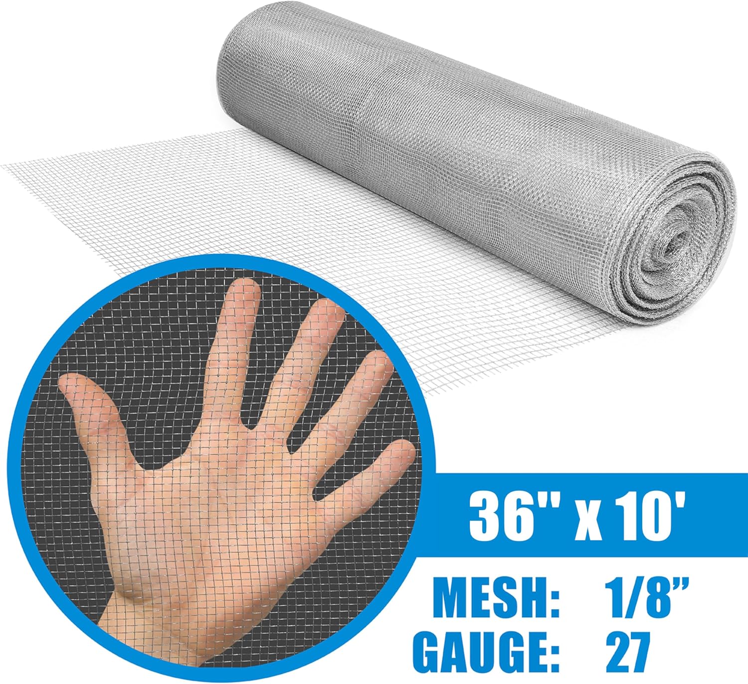 36" H x 10' L x 1/8-Inch Opening Mesh Hardware Cloth, 27 Gauge Galvanized Steel Wire Rolled Woven Fence for Bees, Wasps and Mid to Large-Sized Insects