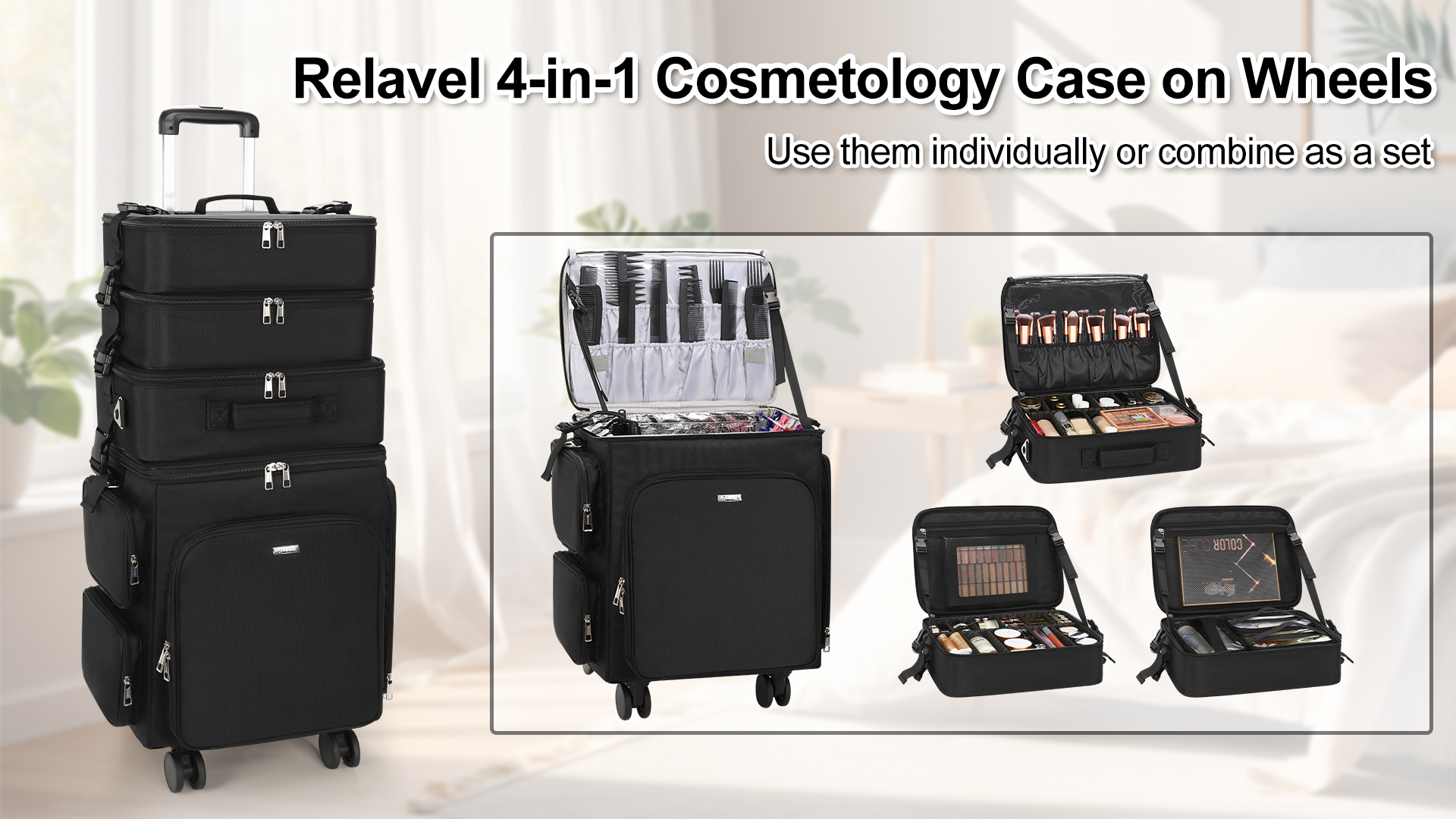 Relavel Rolling Makeup Case, 4 in 1 Hairstylist Traveling Bag Cosmetology Case on Wheels Large Hair Tools Cosmetics Train Case Makeup Artist Storage Organizer Trolley Suitcase with 360° Swivel Wheels