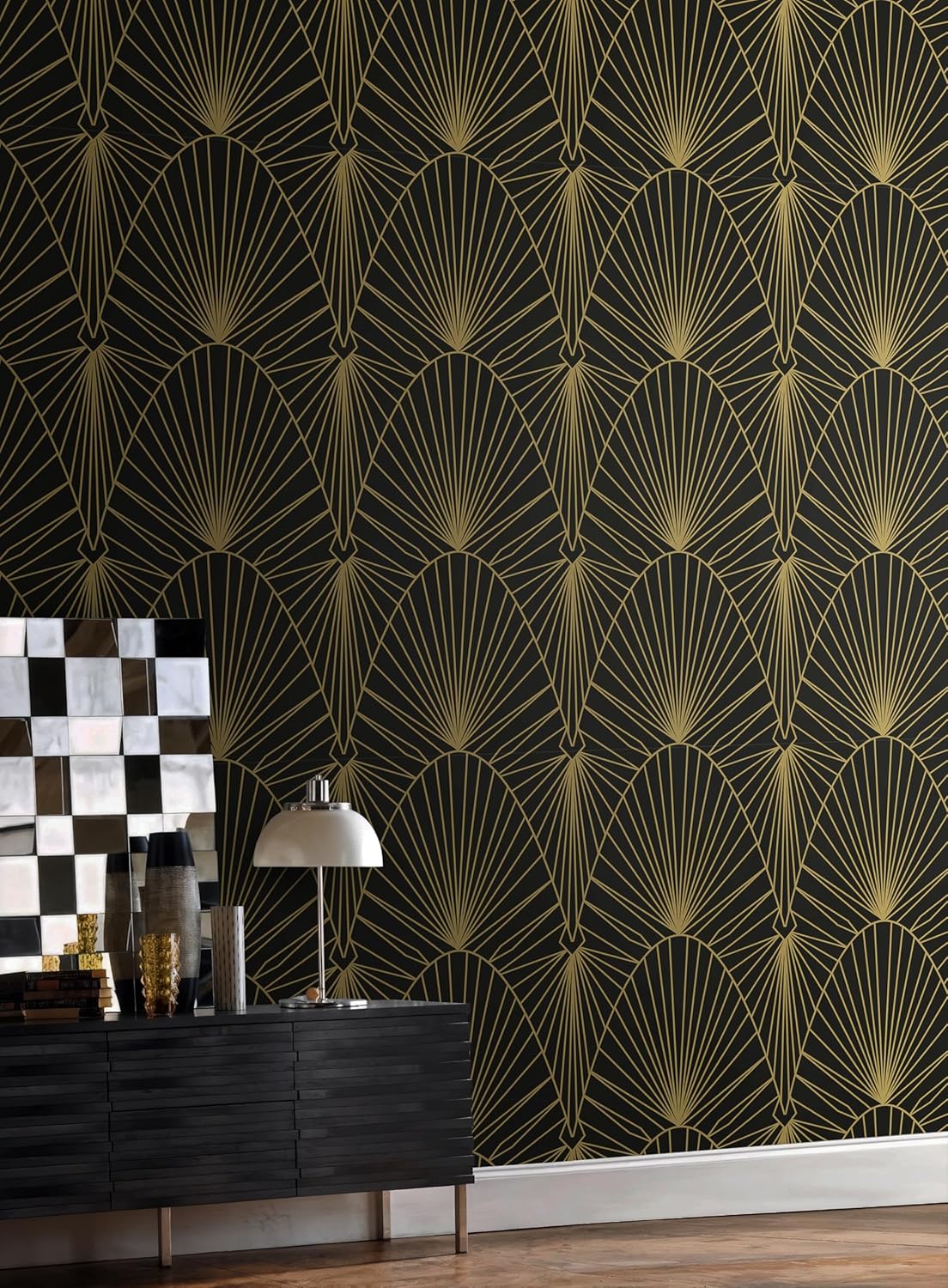 Yasinet Peel|Stick Wallpaper Black|Gold Geometric Contact Paper Black|Gold Stripe Removable Self Adhesive Wallpaper Decorative for Wall Countertop Furniture Vinyl Film 17.3''x393.7''