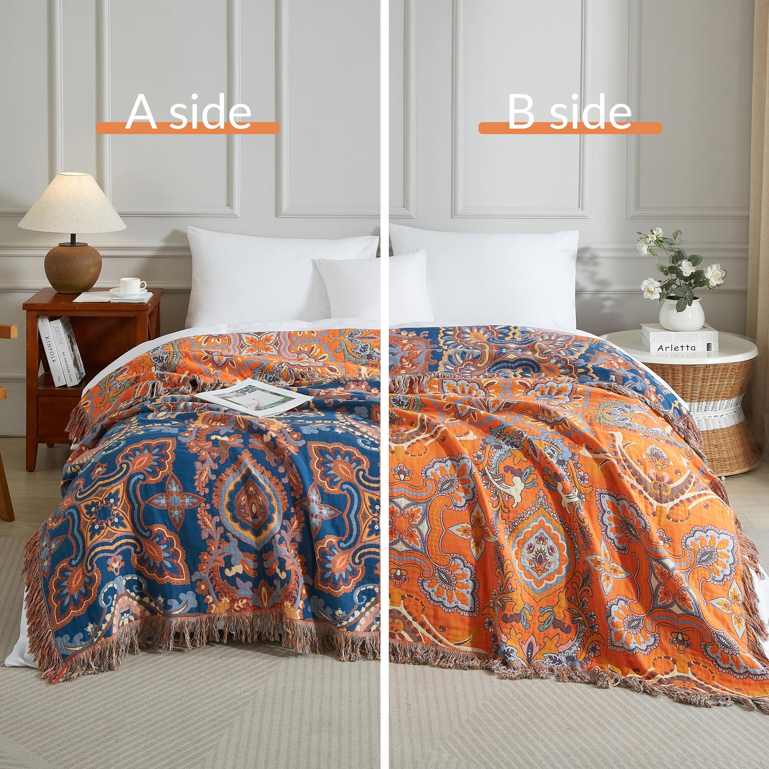 SE SOFTEXLY Manta Boho, 100 % algodón, muselina de doble cara, manta boho, 230 x 250 cm, manta de patchwork para sofá y colcha, ideal para sala de estar y dormitorio, naranja y verde