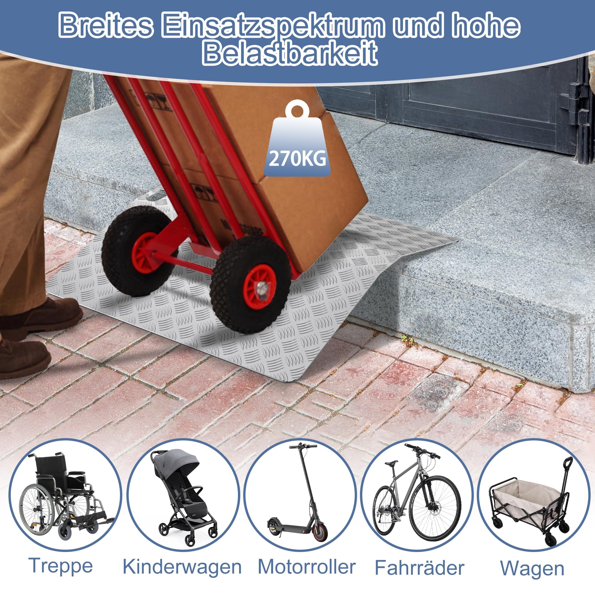 ACXIN Rampe de seuil de porte - Rampe pour fauteuil roulant - En aluminium - Antidérapante - Avec poignées - Charge maximale : 270 kg - 100 x 70 x 10 cm