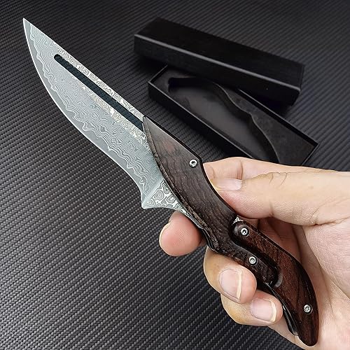 Miniatura 3 de HUAAO Cuchillo plegable de Damasco, mango de sándalo amarillo con bloqueo mecánico, cuchillo de bolsillo táctico para acampar al aire libre,