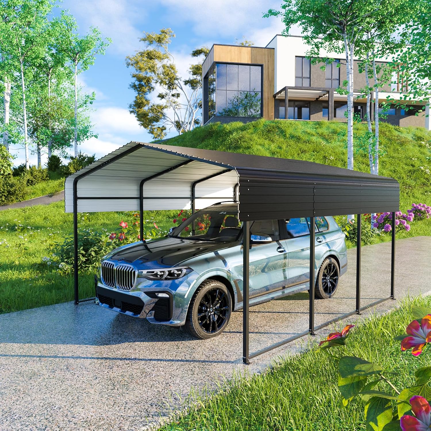 Metal Carport 10 * 15 FT Heavy Duty Carport Canopy with Galvanized Steel Roof Multi-Use Shelter Outdoor Portable Garage for Car, Boat, Pickup and Tractor Metal Carport 10 * 15 FT Heavy Duty Carport Canopy with Galvanized Steel Roof Multi-Use Shelter Outdoor Portable Garage for Car, Boat, Pickup and Tractor