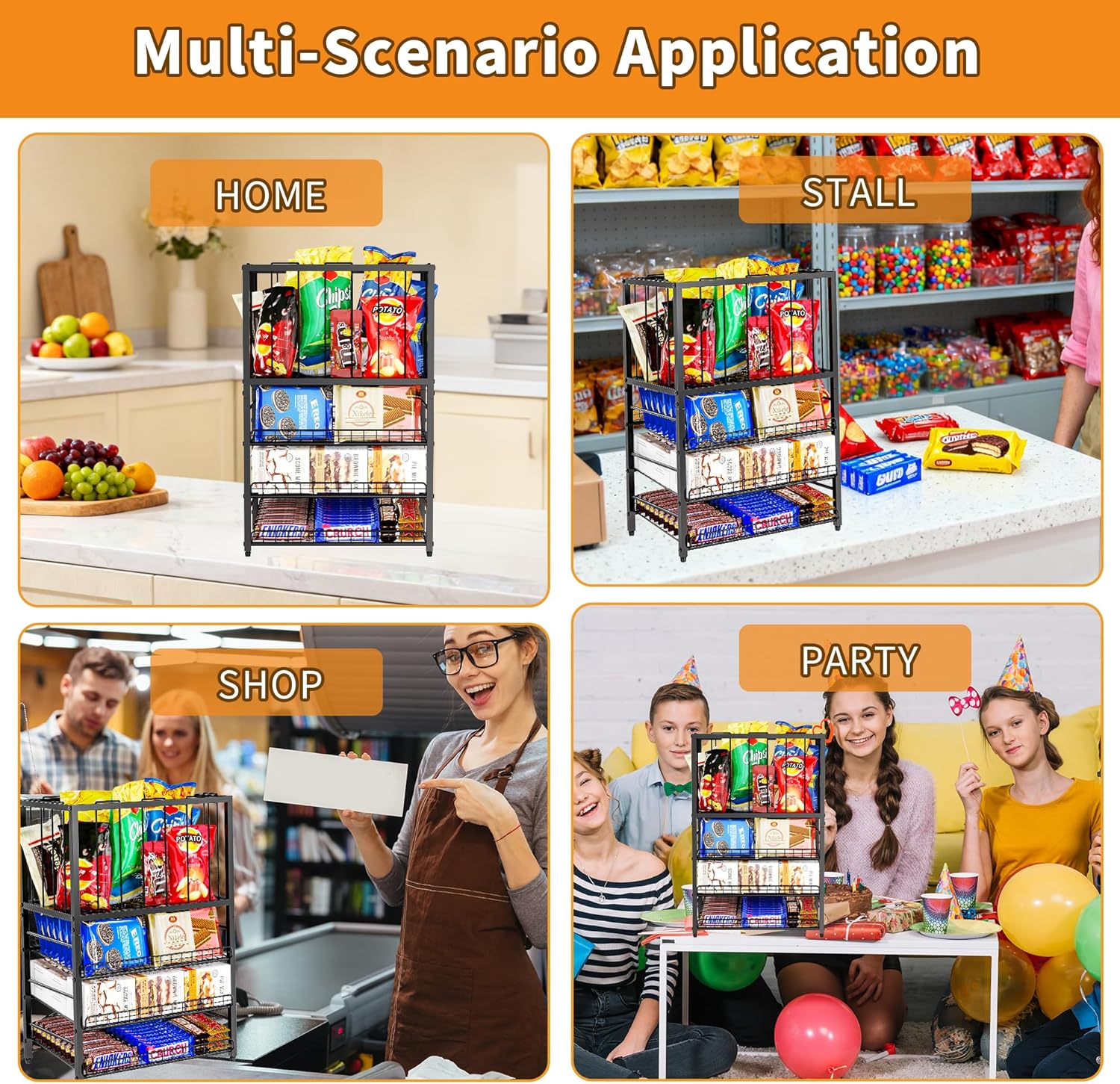 Candy Display Rack, 4 Tier Snack Organizer for Countertop, Potato Chip Bag Holder with Elastic Rope Frame, Snack Bar Station, Retail Display Shelf for Store, Pantry, Office (Black)