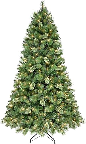 Puleo International Árbol de Navidad de pino teton preiluminado de 7.5 pies con 600 luces transparentes, 1347 puntas de ramas densas realistas,
