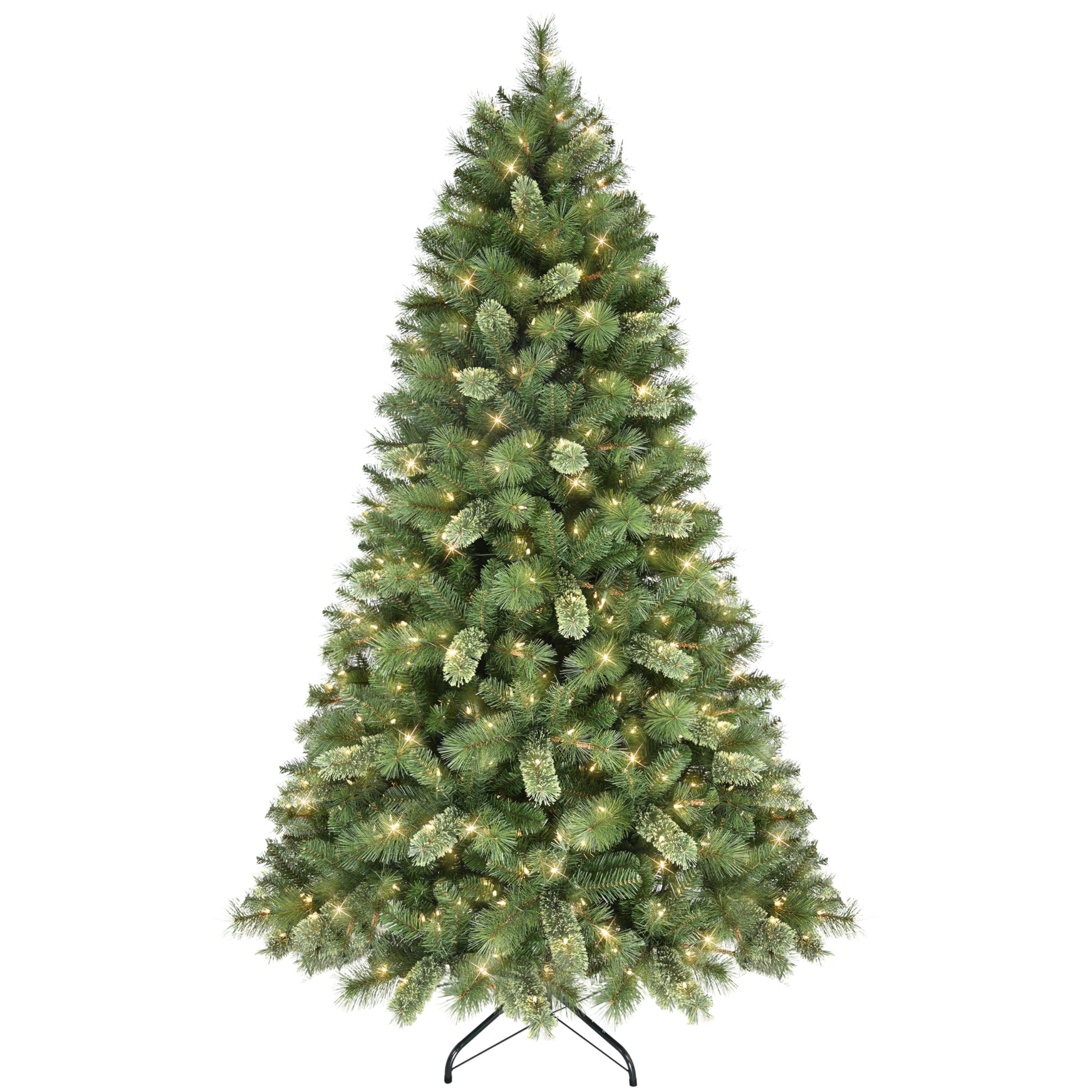 Puleo International 7.5ft Pre-Lit Teton Pine Christmas Tree with 600 Clear Lights, 1347 Realistic Dense Branch Tips, Easy Setup Artificial Trees with Sturdy Metal Stand