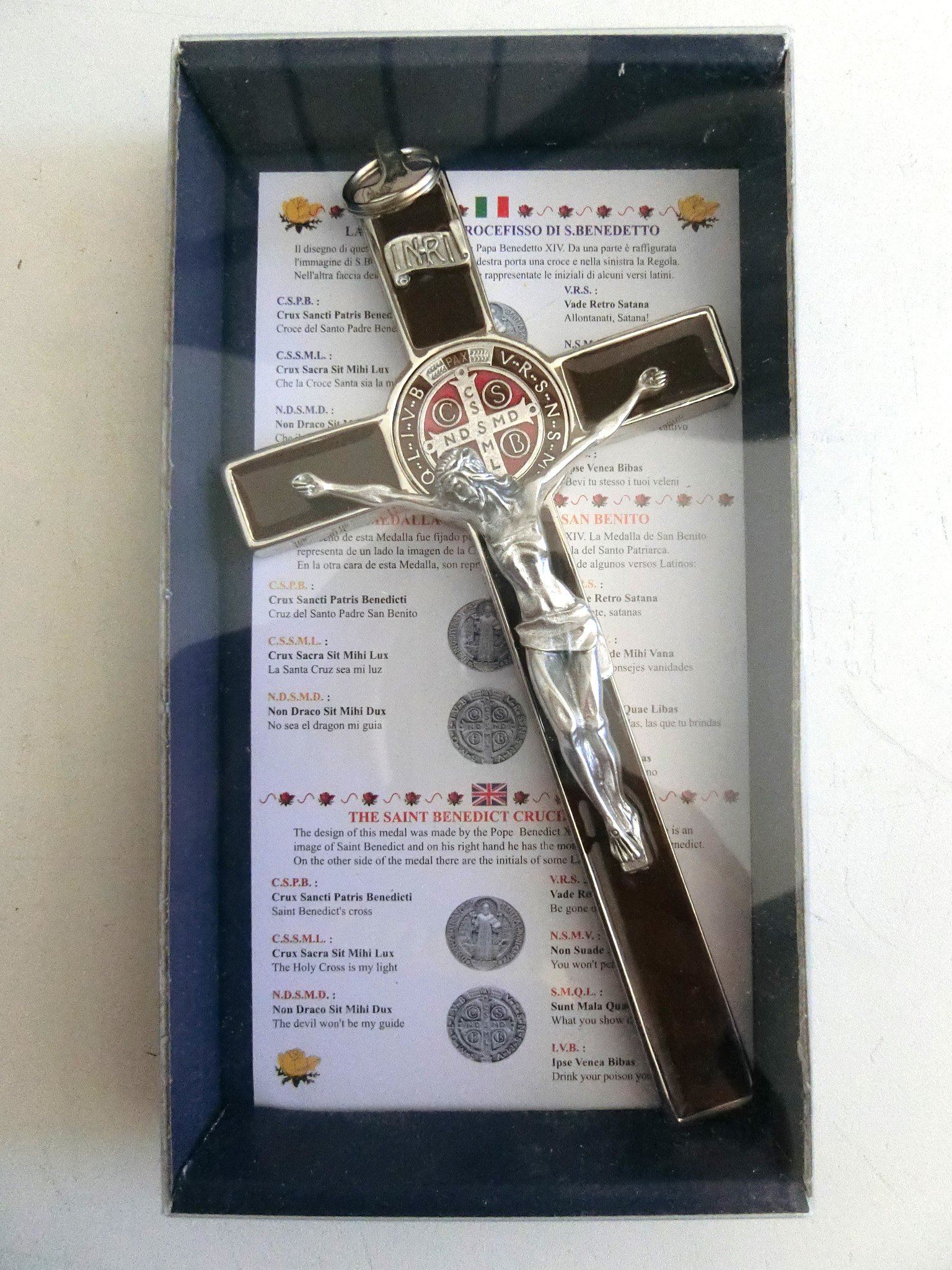 GTBITALY 10.004.11 Cruz de San Benito de 20 cm esmaltada marrón plata con caja de regalo Box oración exorcismo sacerdote iglesia monja