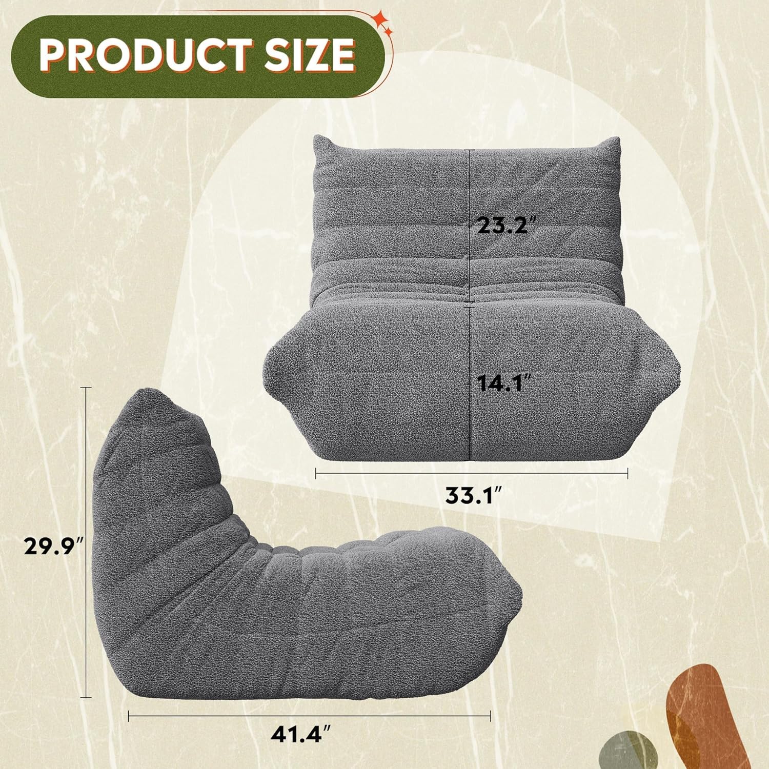 WLIVE Bean Bag Chair for Adults, Teddy Fleece Togo Chair, Giant, Memory Foam, for Living Room and Bedroom, Single, Grey
