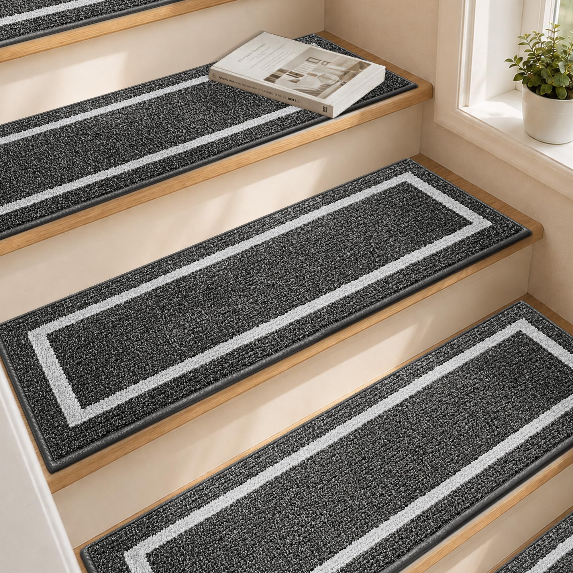 COSY HOMEER Soft Stair Treads Non-Slip Carpet Mat 28inX9in,10pcs Black | Indoor Stair Runners for Wooden Steps, Stair Rugs for Kids and Dogs, 100%