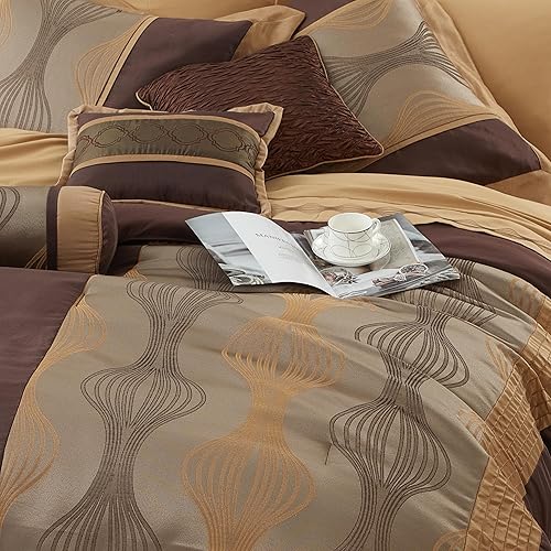 Miniatura 3 de Grand Avenue - Juego de edredón marrón tamaño california king, 7 piezas en una bolsa, juego de cama de jacquard a rayas para todas las estaciones,