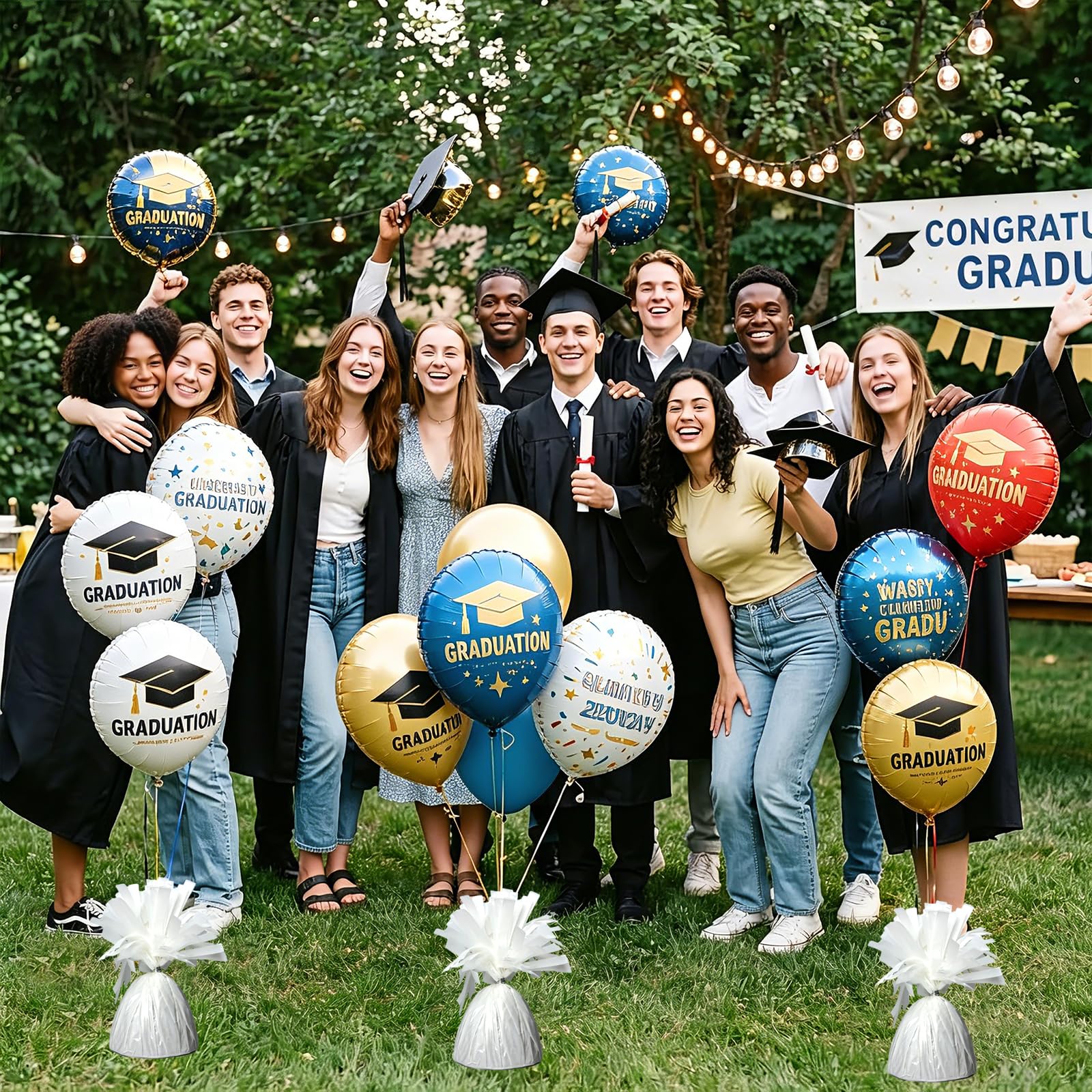 FUBININA 12 pesi per palloncini con ancora metallica con 1 rotolo di nastro in alluminio resistente, supporto per palloncini a elio, decorazione da tavolo per laurea, compleanno, matrimonio