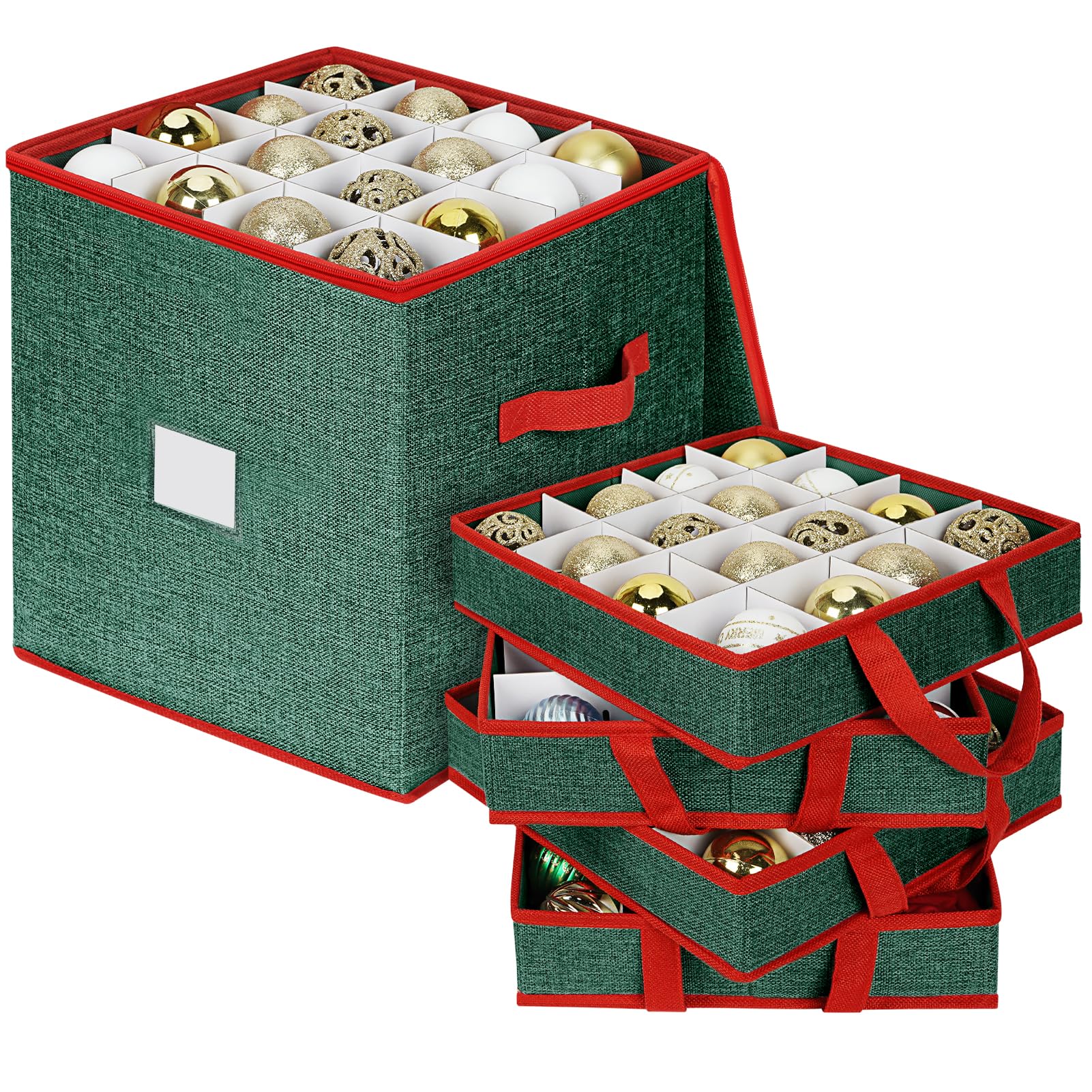 Weihnachtskugeln Aufbewahrung, Aufbewahrungsbox 64 Fächer | Aufbewahrungsboxen mit Deckel, Boxen Aufbewahrung mit 4 Ebenen, abnehmbare Griffe & Unterteiler (31,5x31,5x34 cm) - Grün Rot