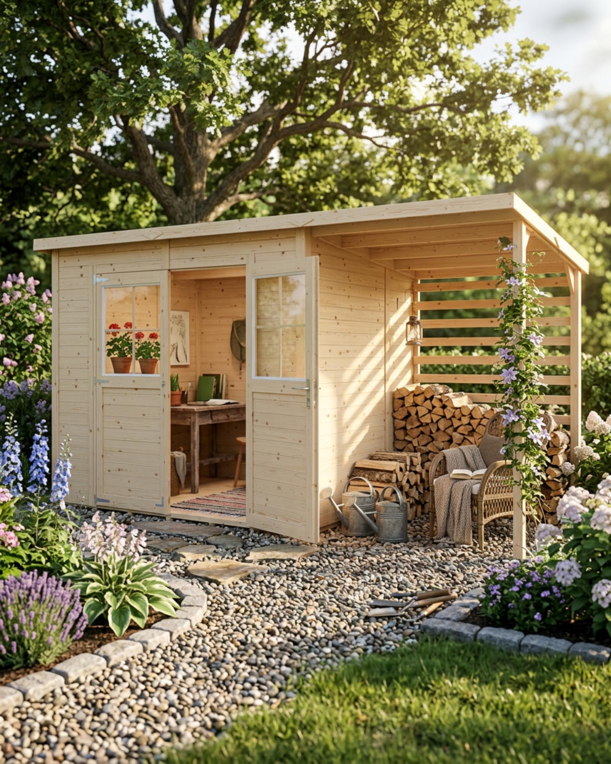 Steiner Shopping Gartenhaus Glücksburg 04 aus nordischer Fichte I 14 mm Elementgartenhaus mit Schleppdach, Fußboden & Lamellenwand I Nutzfläche 6,87 m² I Robust, vielseitig & einfach aufzubauen