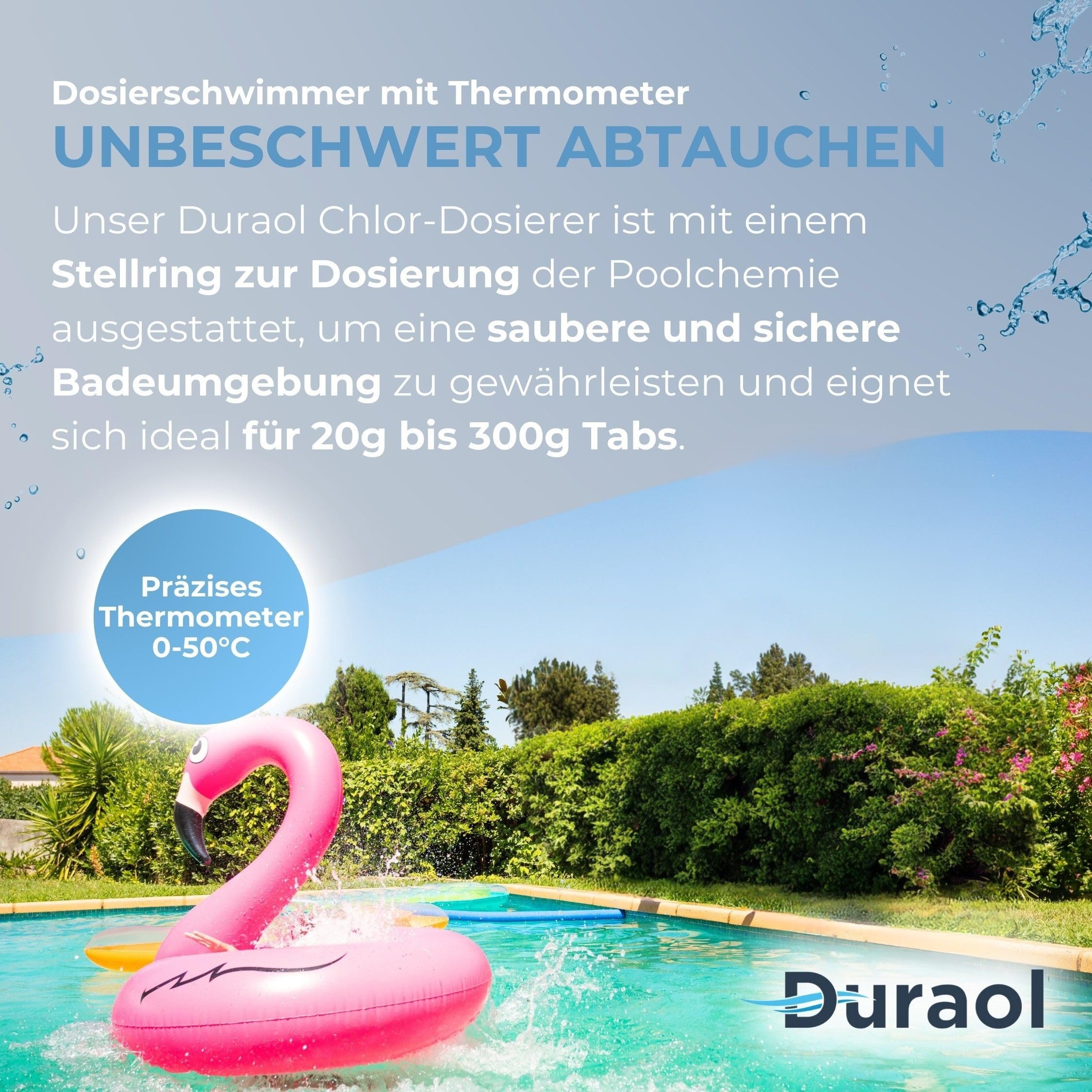 Duraol Pool Dosierschwimmer mit Thermometer I Einstellbarer Dosierer zur Chlorzugabe für Pools I Pool Dosieranlage ideal für 20g bis 300g Tabs I Chlor Schwimmer mit verstellbaren Dosierschlitzen
