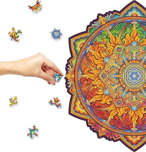 UNIDRAGON Rompecabezas de madera originales  Mandala Nascent Sun, 200 piezas, mediano 9.8 x 9.8 pulgadas, hermoso paquete de regalo, forma única, el