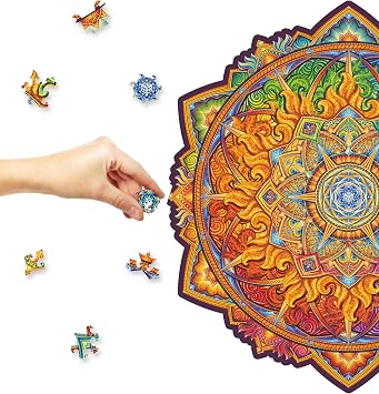 UNIDRAGON Mandala Nascent Sun Wooden Jigsaw Puzzle for Adults - 350 Unique Shaped Pieces - King Size 13 x 13 in 33 x 33 cm