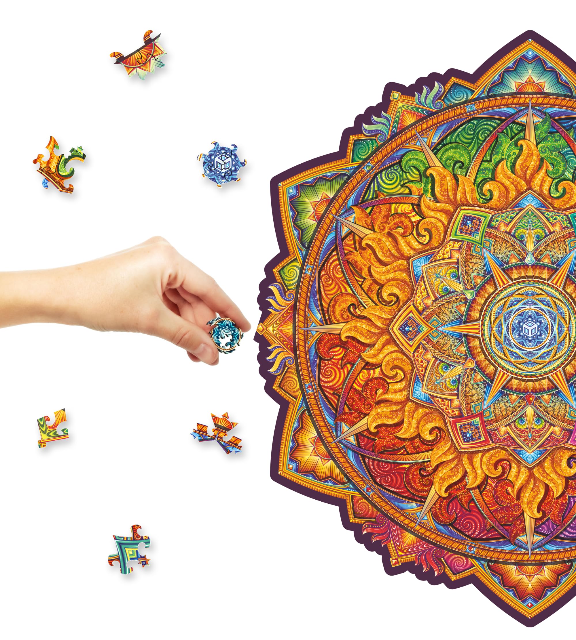 UNIDRAGON Mandala Nascent Sun Wooden Jigsaw Puzzle for Adults - 350 Unique Shaped Pieces - King Size 33 x 33 cm