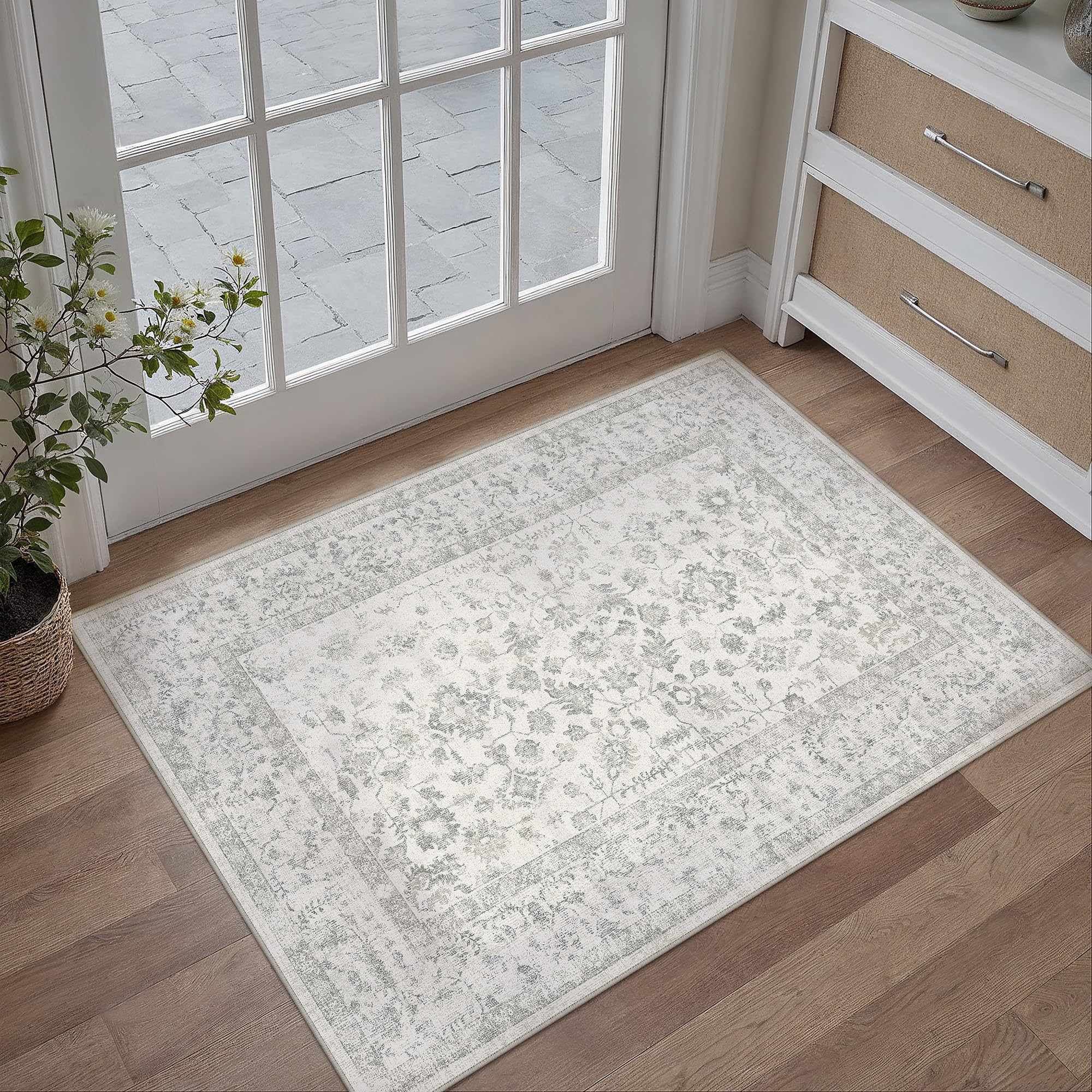 PureCozy Grey Vintage Rug Door Mat, Small Washable Area Rugs 60x90cm for Kitchen Bedroom Mat, Non-Slip Low Pile Retro Floral Carpet for Front Door Entrance Entryway Corridor — image 1