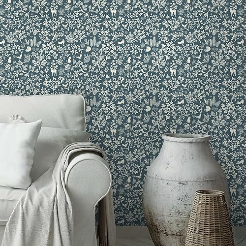 Miniatura 5 de HeloHo Papel tapiz de 16.1 x 118 pulgadas, diseño de hojas florales, color azul, verde, gris, para dormitorio, autoadhesivo, extraíble, impermeable,