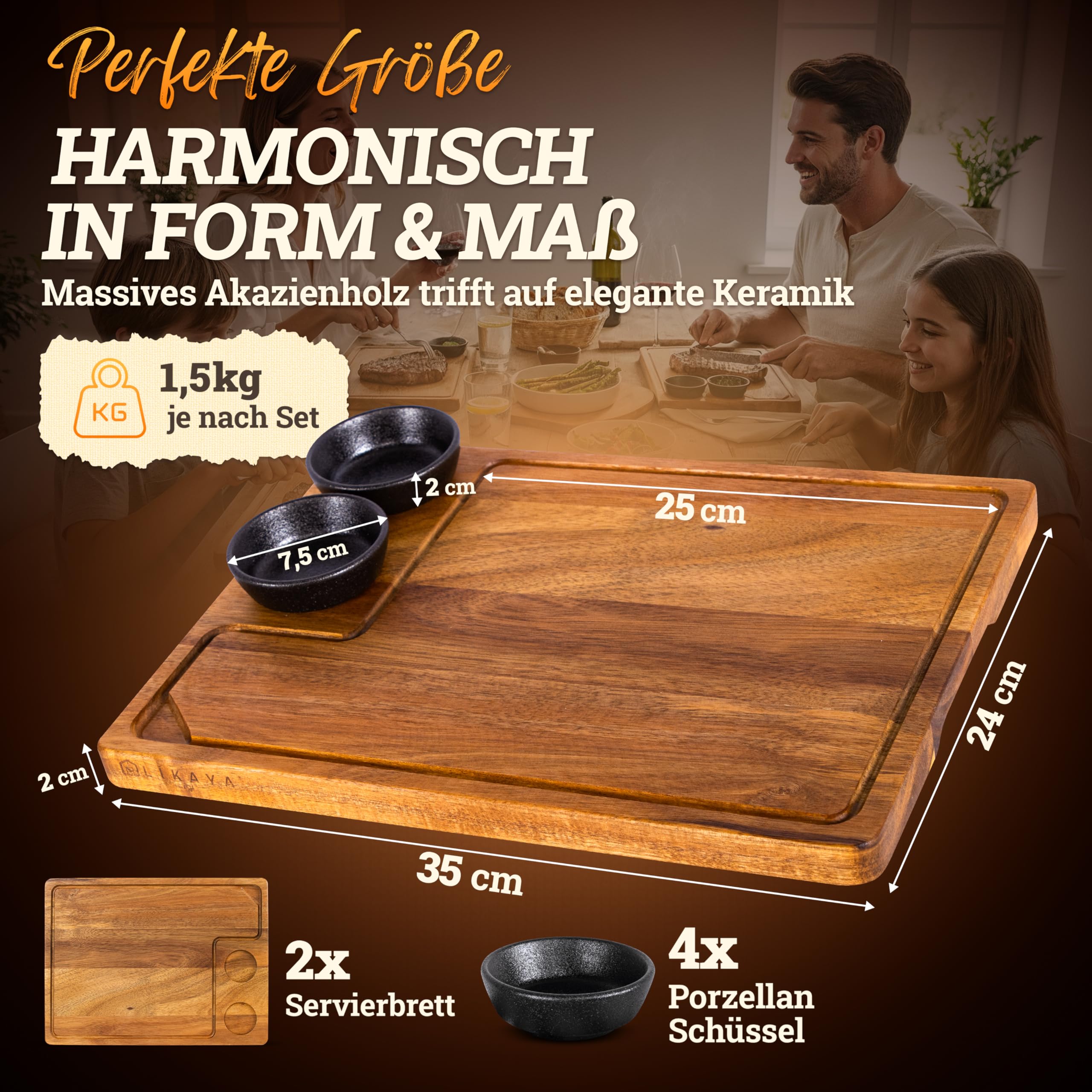 LIKAYA® Servierbrett XXL 2er-Set 'Santiago' – FSC® Akazienholz mit Saucenschüsseln | Perfekt als Grillbrett, Steakbrett & Geschenk für Burger, Steak & Sushi