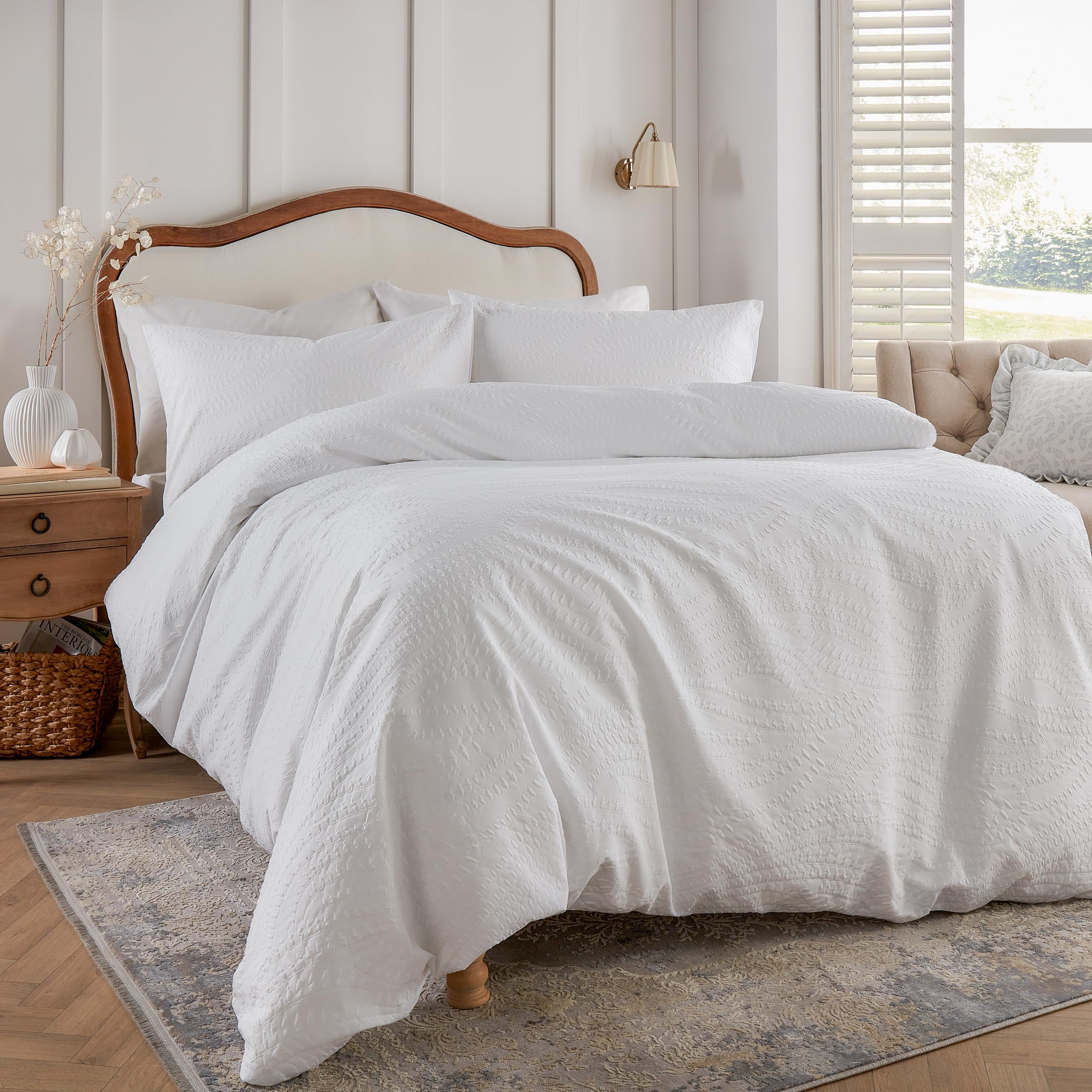 Parure de lit texturée blanche simple Wylder par furn. avec fermeture boutons